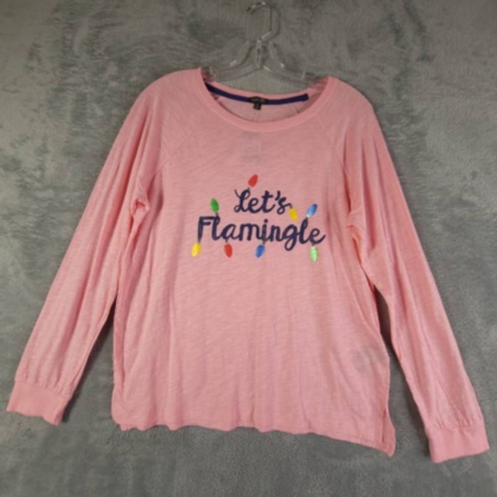 Lets Flamingle Shirt Womens M Cozy Zoe Holiday Pink Long Sleeve Jewel Neck New
